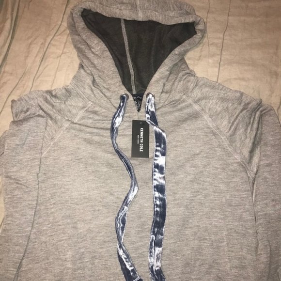 NWT Kenneth Cole Gray Hoodie Blue Velvet Drawstring Pullover Shirt Women's L - Picture 1 of 7